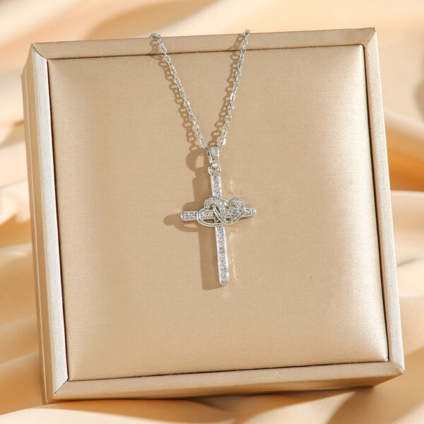 Cross Double Ring Love Heart Surrounded Zircon Pendant Necklace Valentines Day Gift - Image 3